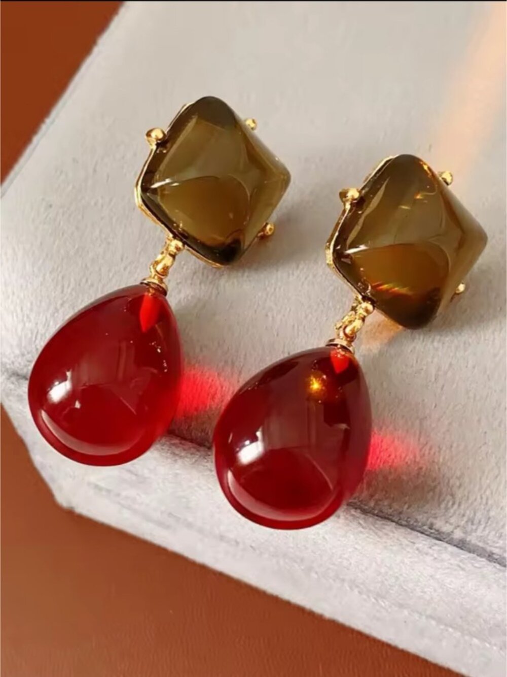 Vintage Gold-Tone Earrings with Smoky Top and Deep Red Teardrop Dangles - Picture 3 of 4